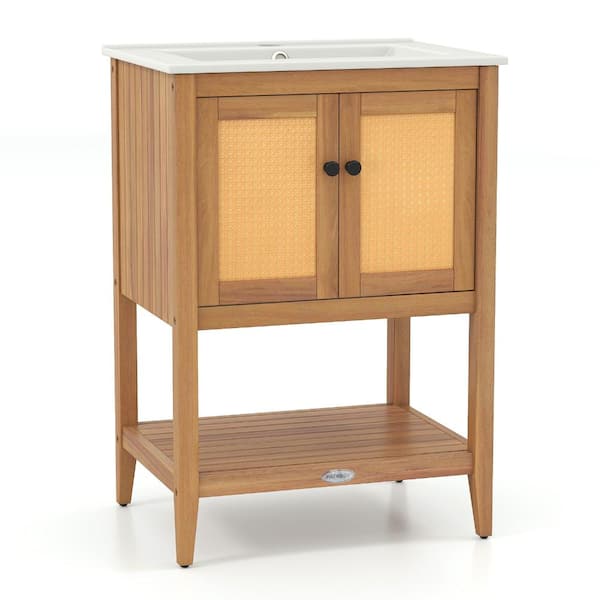 Bathroom Vanity with Ceramic Sink, 2 Rattan Doors, Slatted Shelf, For Bathroom