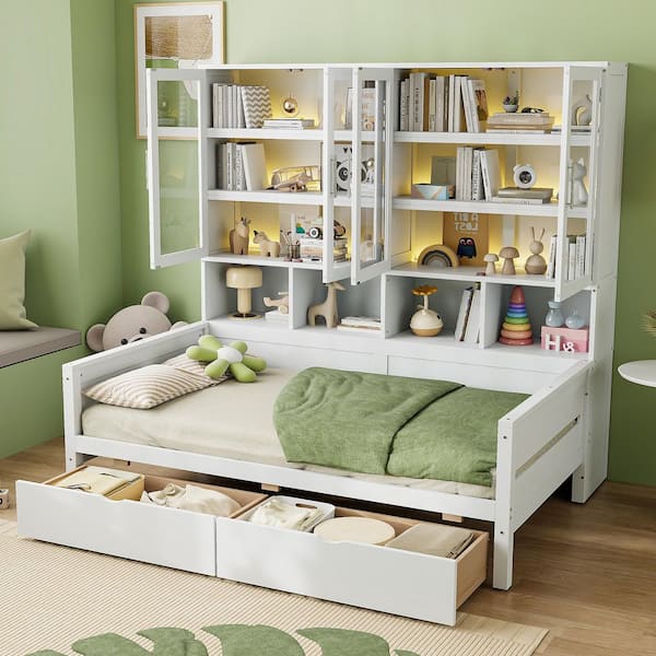White Twin Size Daybed with 2 Drawers, Built-in LED Lighting and Storage Cabinets