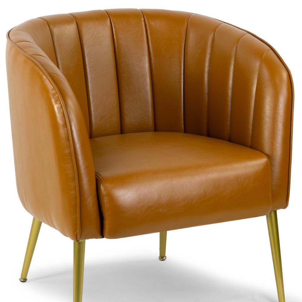 Cappuccino Faux Leather Barrel Accent Chair with Gold Metal Legs