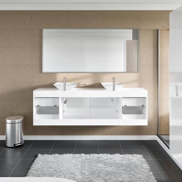 Eviva Luxy 72 in. W x 20 in. D x 23 in. H Floating Bath Vanity in White with White Tempered Glass Top
