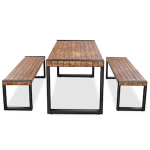 3-Piece Acacia Wood Top&Steel Frame Outdoor Dining Set Dining Table with 2 Benches for Outdoor & Indoor Use