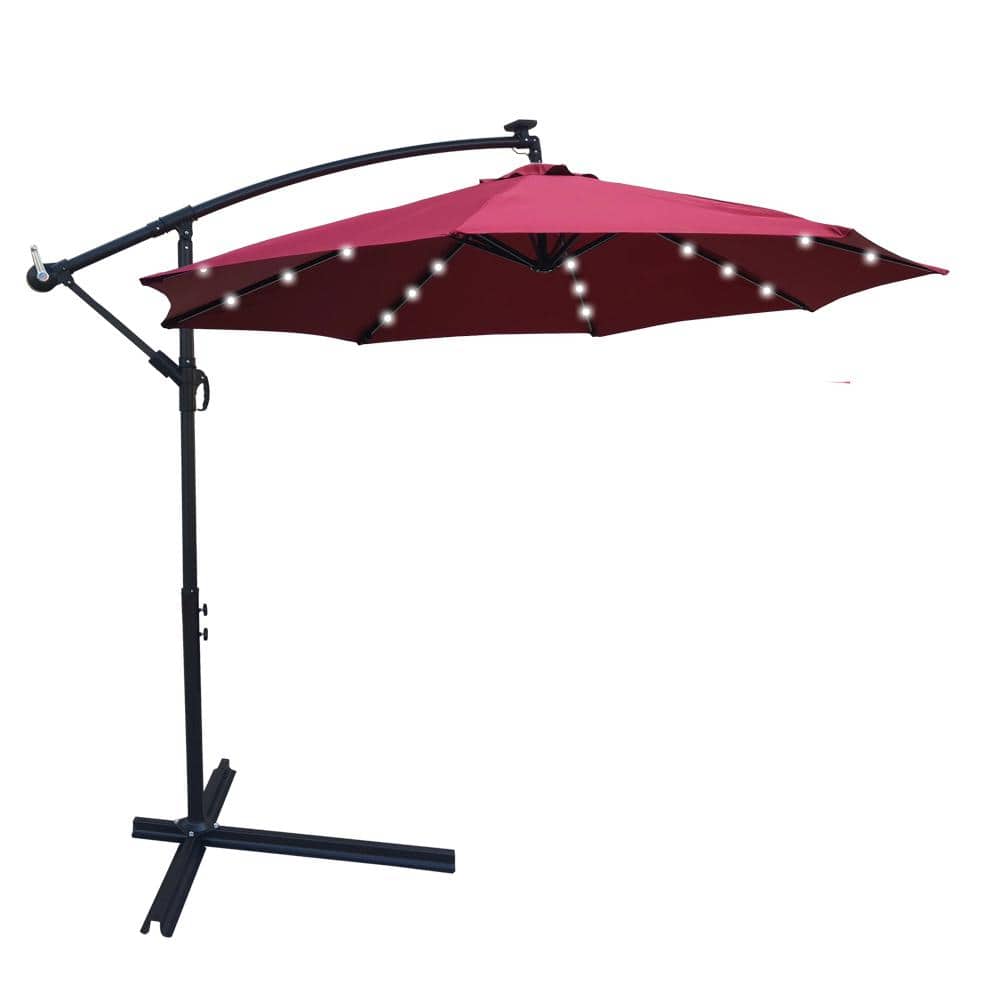 10 ft. Outdoor Patio Cantilever Umbrella Solar LED Lighting with Burgundy C