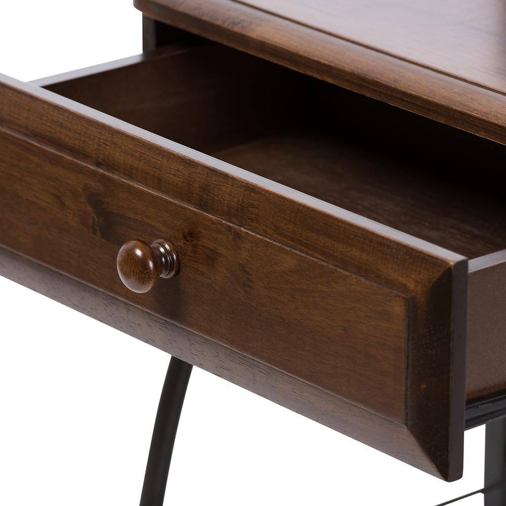 Jevenci Vintage Industrial Black Metal and Wood Nightstand with Drawer