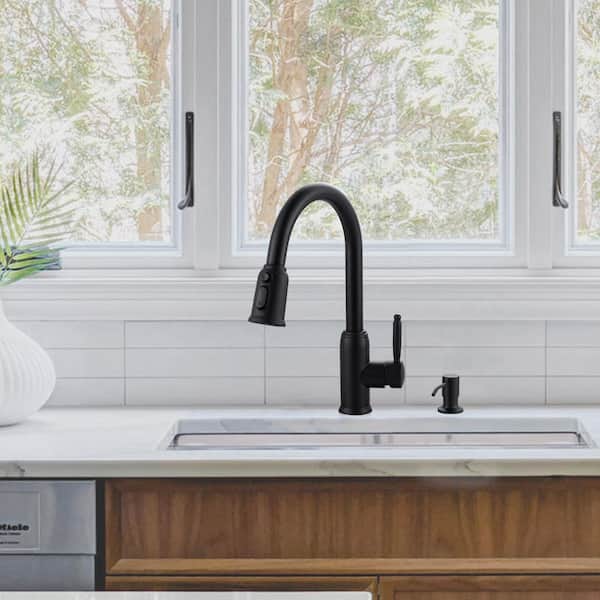 Elegant Stainless Steel Single Handle Pull Down Sprayer Kitchen Faucet with Soap Dispenser in Matte Black
