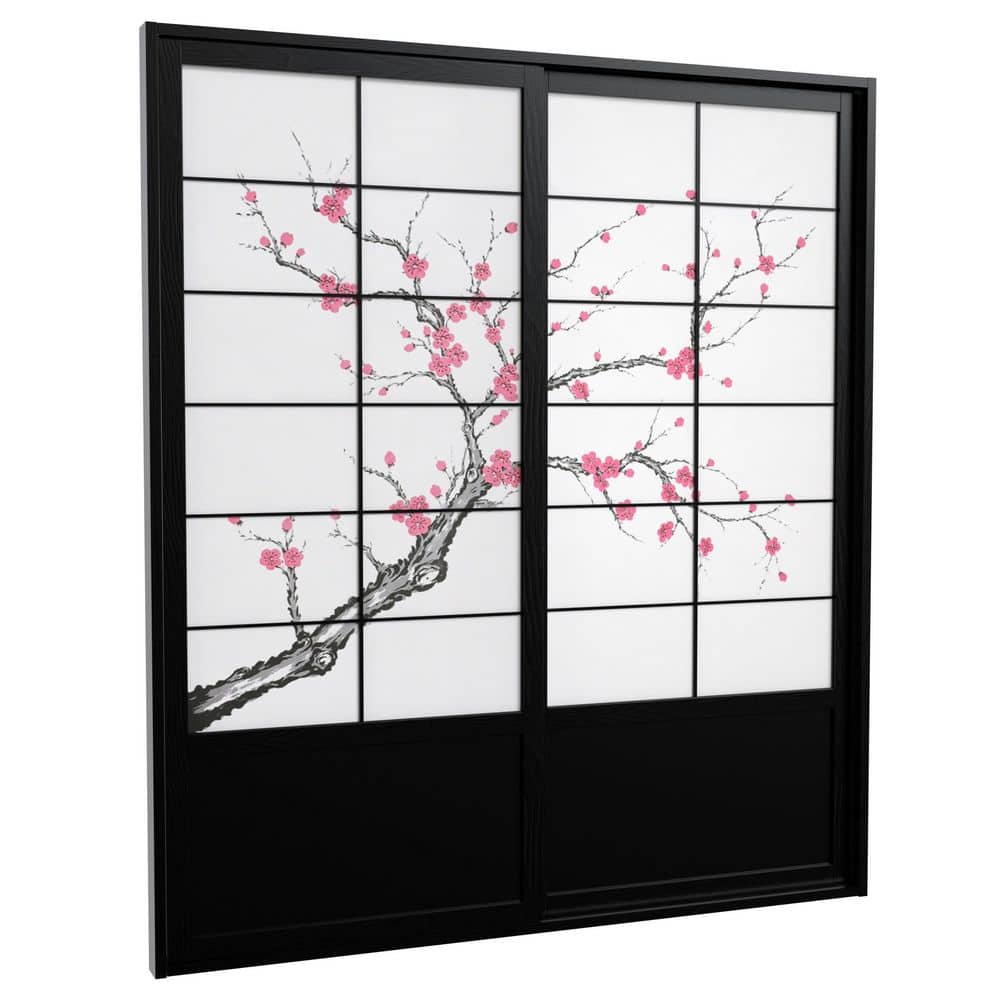 断捨離 BLACK DESIGN シダレ桜 Red Lantern 7 ft. Black Cherry Blossom 2-Panel Sliding Door DOOR