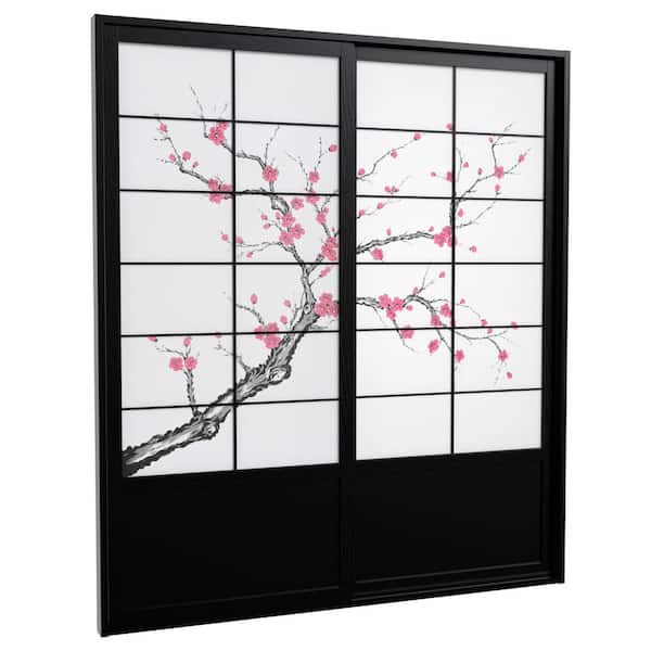 RED LANTERN 7 ft. Black Cherry Blossom 2-Panel Sliding Door