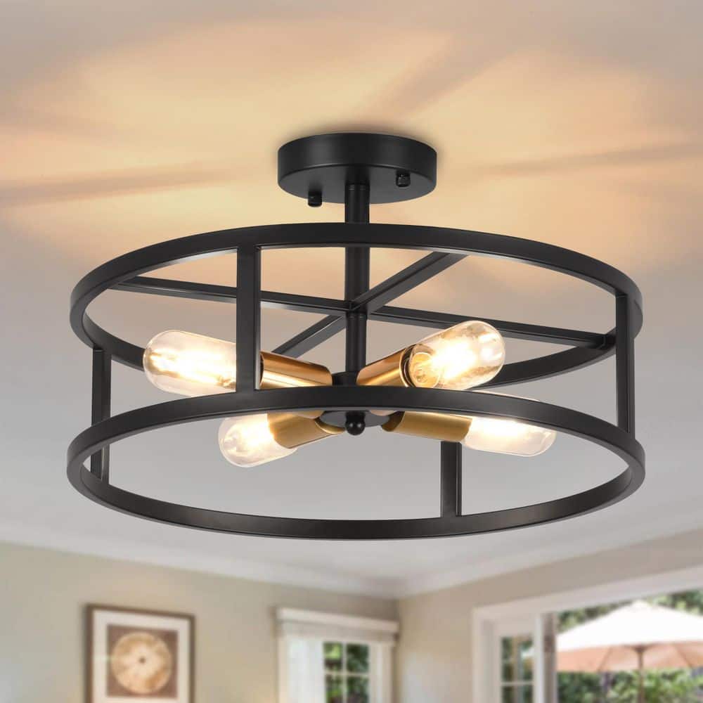 ZSMIHDOH 16.5 in. 4-Light Black and Gold Drum Semi Flush