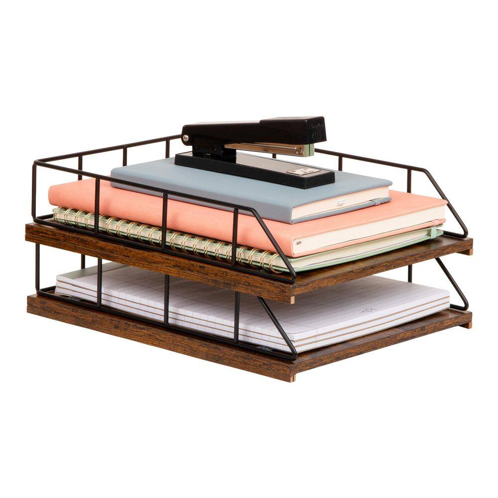 2-Tier Rustic Paper Tray Organizer with Metal Frame, Wood Base for Desk or Office, Stackable, Metal and Wood, Black price history on PriceWatchPro