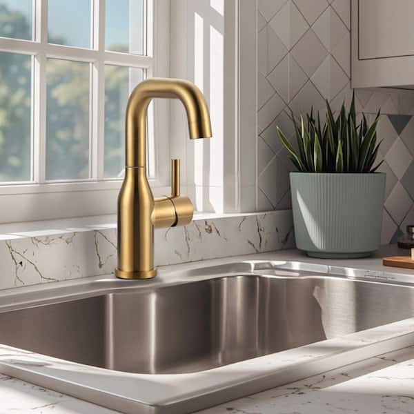 1-Hole Single Handle Bar Faucet Stainless Steel with Deckplate for Kitchen, Bar or Bathroom in Brushed Gold