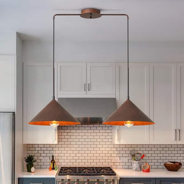 EDISLIVE 34.4 in. 2-Light Industrial Rust Cone Kitchen Island Pendant Light