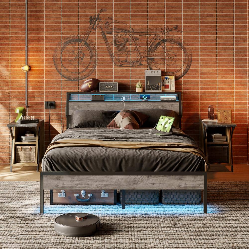Bestier Grey Metal Frame Full Size Platform Bed with Charge