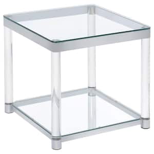 Anne 24 in. W Chrome and Clear Square Glass Top End Table with Lower Shelf