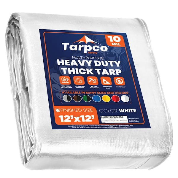 TARPCO SAFETY 12 ft. x 12 ft. White 10 Mil Heavy Duty Polyethylene Tarp, Waterproof, UV Resistant, Rip and Tear Proof
