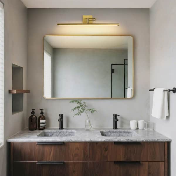 Nimbus 1-Light 28 in.W Brushed Gold Integrated LED Dimmable Vanity Light Bar with Swing Arm for Mirror or Wall Art