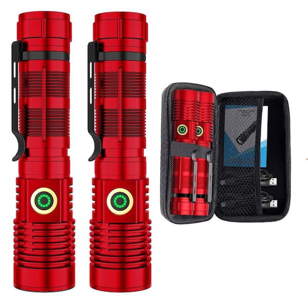 IPX6 Red 3.7 Volt 12000 Lumen LED Rechargeable Flashlight Handheld Worklight Battery Operated 5.8 in. Tool Only 2-Pack