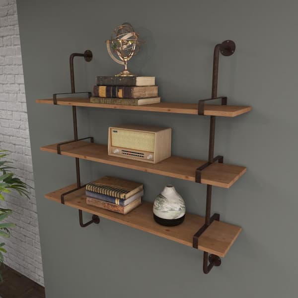 Litton Lane 38 in. x 38 in. Brown 3 Level Wood Wall Shelf with