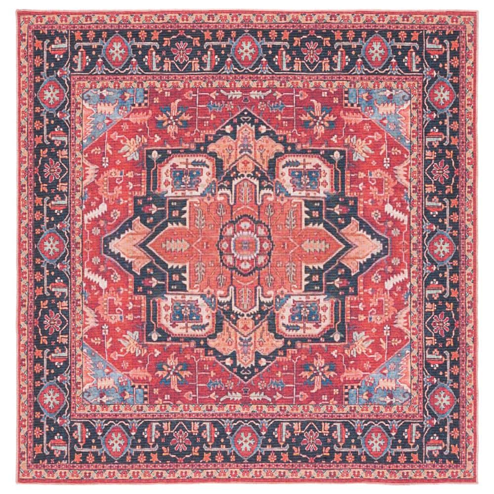 Serapi Red and Blue Square Machine Washable Rug