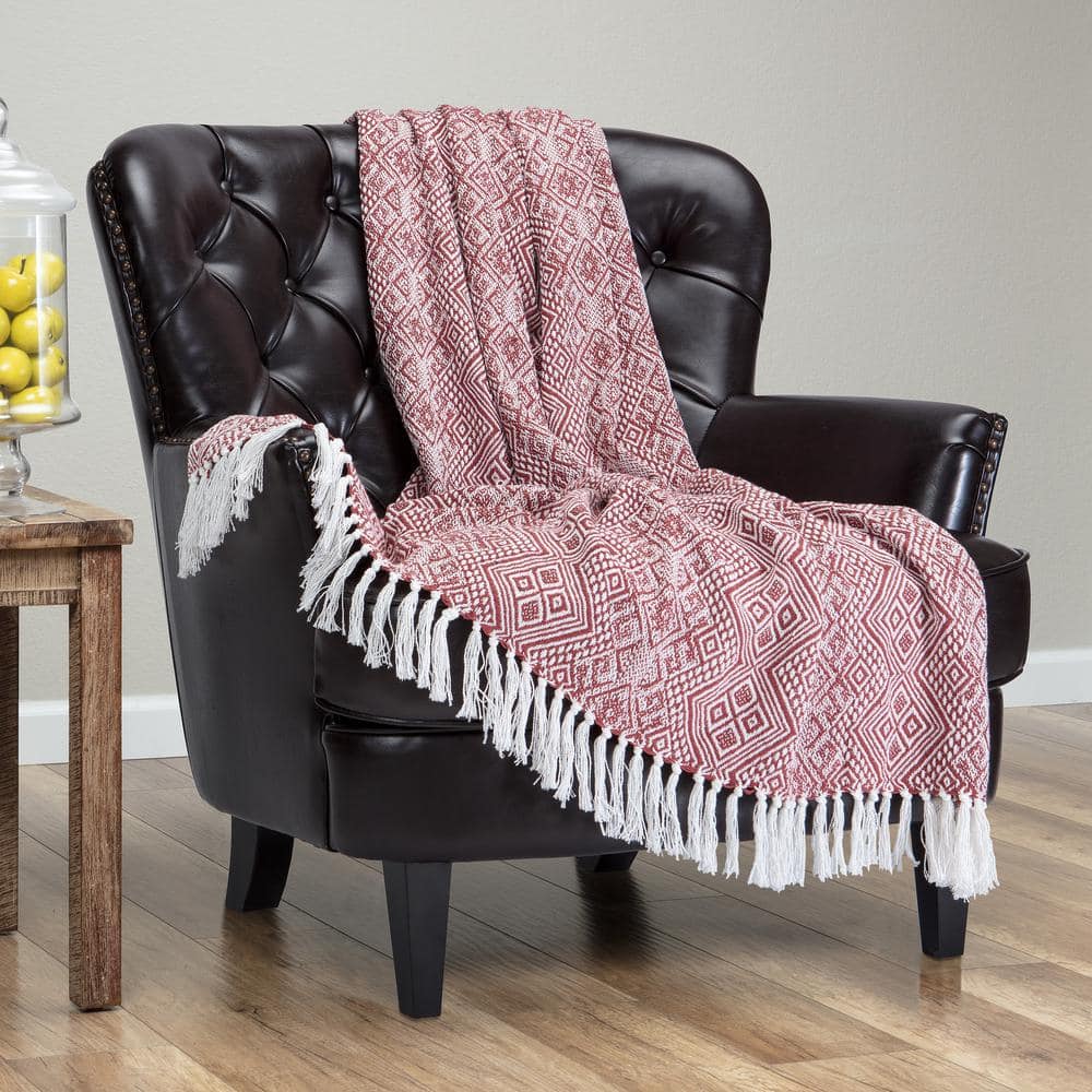 Rust Diamond Pattern Cotton Throw Blanket with Tassels