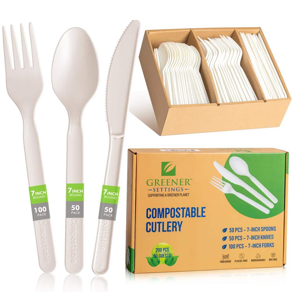 Basic Nature White CPLA Plastic Cutlery Set - White Napkin, Heat-Resistant, Compostable - 8 3/4 inch x 2 3/4 inch x 3/4 inch - 100 Count Box