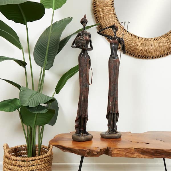 Red Polystone Handmade Tall African Women People Sculpture with Carved Dresswear (Set of 2)
