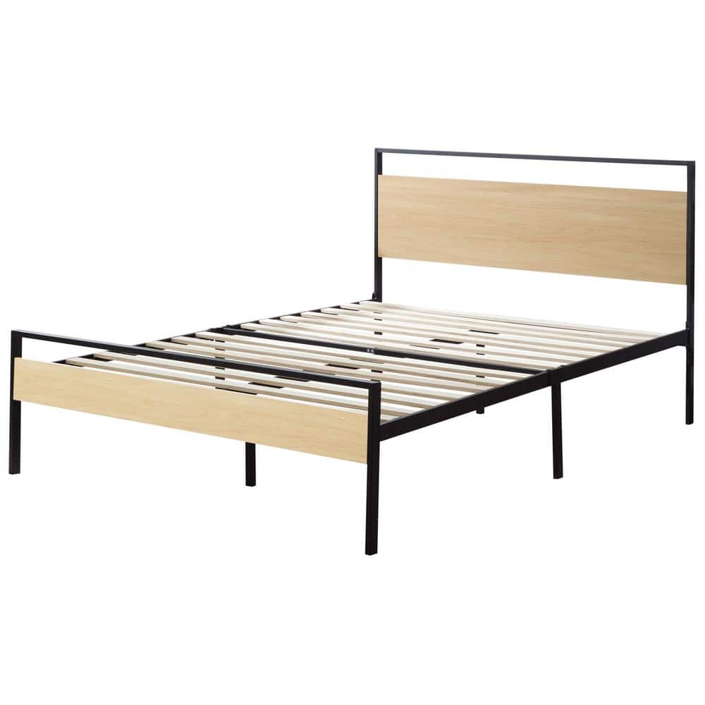 Nora Natural Full Metal and Wood Platform Bed Frame