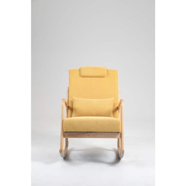 Zeus & Ruta Natural Wood Outdoor Rocking Chair with Yellow Cushions, High Backrest Glider Chairs, Lumbar Pillow for Living Room