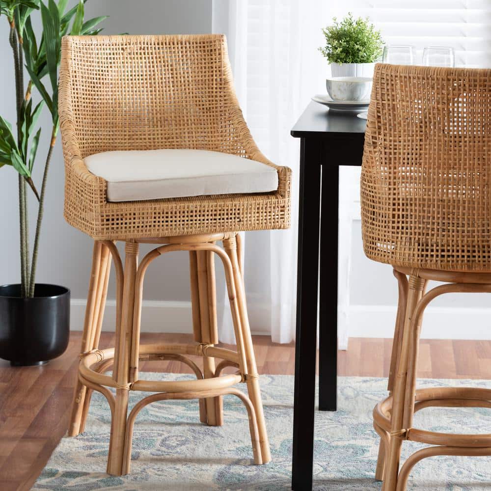 Bella Natural Brown Rattan Swivel Bar Stool with Cushion