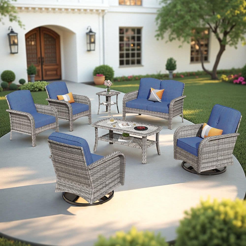 Meiss Gray 7-Piece Wicker Patio Conversation Set with Denim Blue Cushions and Swivel Chairs price history on PriceWatchPro