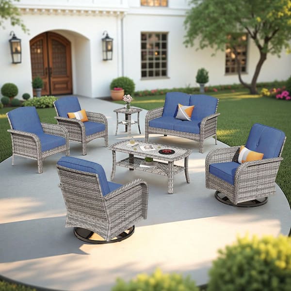 Meiss Gray 7-Piece Wicker Patio Conversation Set with Denim Blue Cushions and Swivel Chairs