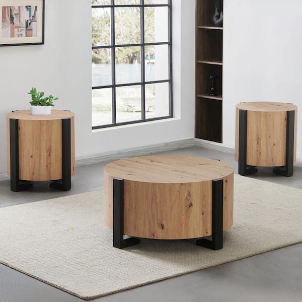 Darcie 36 in. Brown MDF Round Coffee Table and 2 End Tables