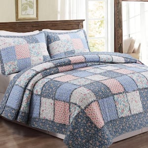 French Country Cottage 3-Piece Blue Pink Patchwork Floral Provence Garden Cotton Queen Quilt Bedding Set