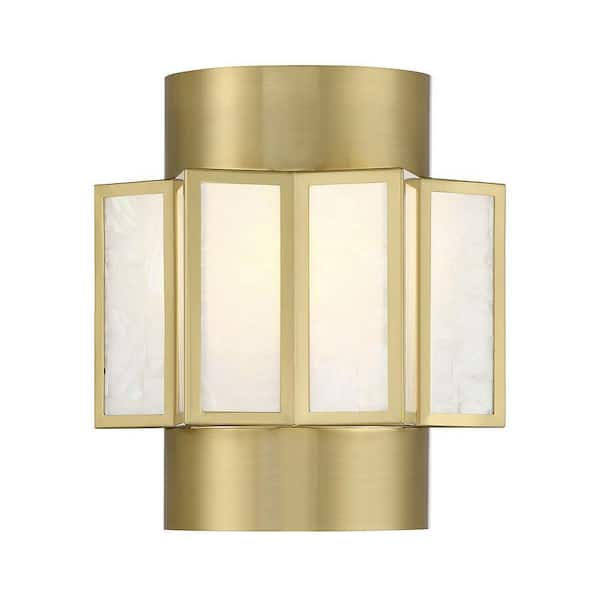 Savoy House Gideon 10 in. W x 11 in. H 2-Light Warm Brass Wall Sconce with Capiz Shell Metal Shade