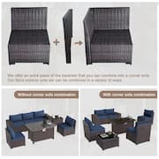 7-Piece Wicker Patio Conversation Set with 55000 BTU Gas Fire Pit Table and Glass Coffee Table and Navy Blue Cushions