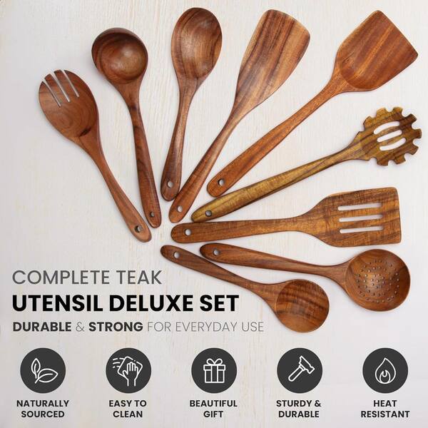Aoibox 9-Piece Teak Wooden Utensils for Cooking-Smooth Finish Non-Stick Wooden Spoons for Cooking-Comfortable Grip Utensil Set, Brown