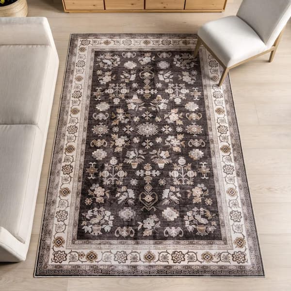Dayflower Vintage Spill Proof Washable Brown 9 ft. x 12 ft. Indoor Area Rug