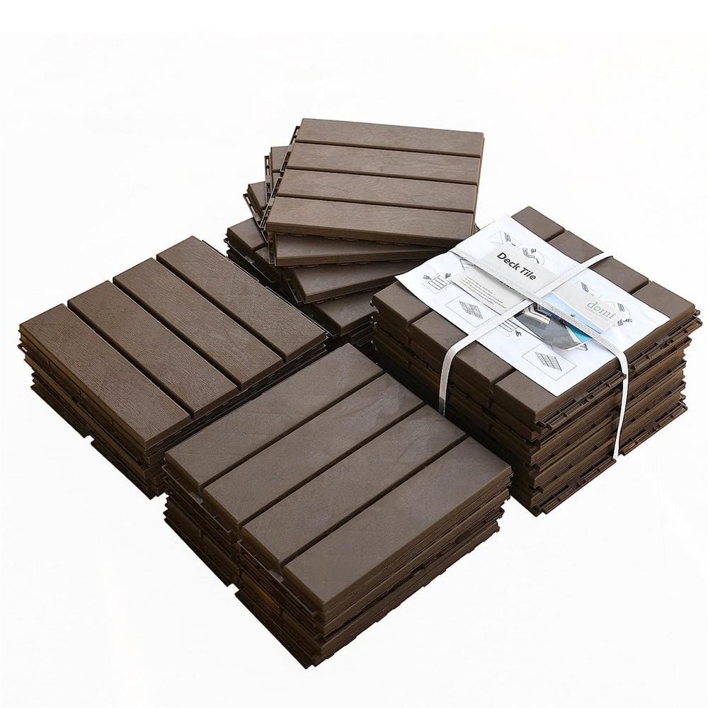 All Weather Plastic Waterproof Patio Interlocking Deck Tile, 12inLx12inW Dark Brown Square Stripe Pattern(Pack of 27) price history on PriceWatchPro