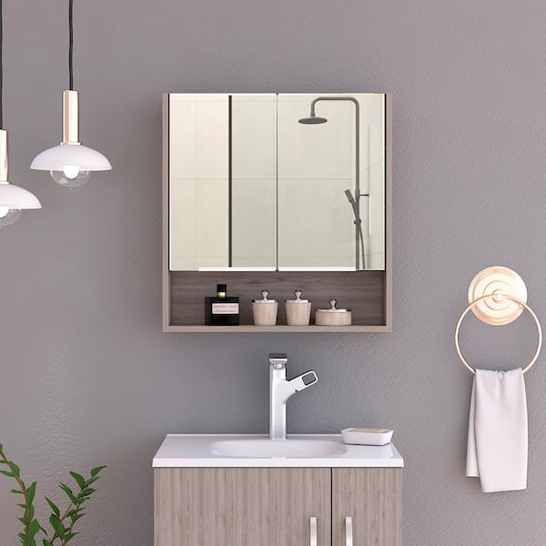FAMYYT 23.6 in. W x 24.6 in. H Beige Rectangular Wall Medicine Cabinet with Mirror