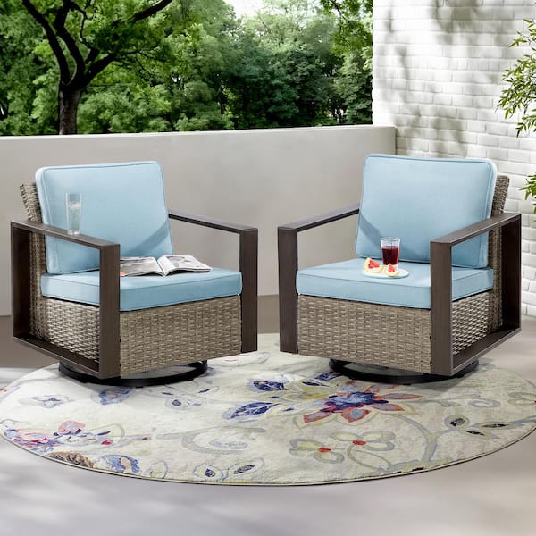 JOYSIDE 2-Piece Patio Wicker Outdoor Rocking Chair with Metal Frame and Baby Blue Cushions