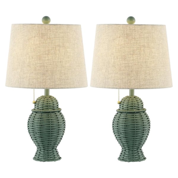 Margie Wicker 20.5 in. Bohemian Rustic Iron LED Table Lamp Set with Rattan Base and Linen Shade, Green (Set of 2)