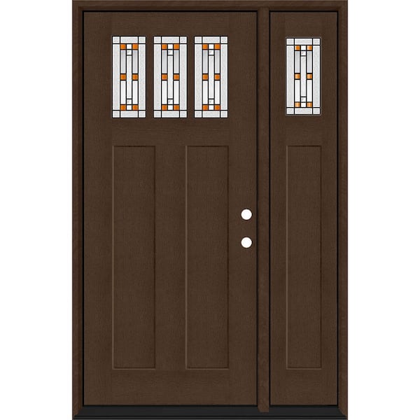 Steves & Sons Regency 51 in. x 80 in. 3Lite Amberton Deco Glass LHIS Hickory Stain Fir Grain Fiberglass Prehung Front Door w/12in.SL