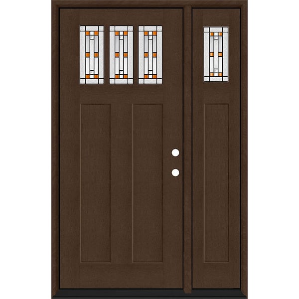 Steves & Sons Regency 53 in. x 80 in. 3Lite Amberton Deco Glass LHIS Hickory Stain Fir Grain Fiberglass Prehung Front Door w/14in.SL