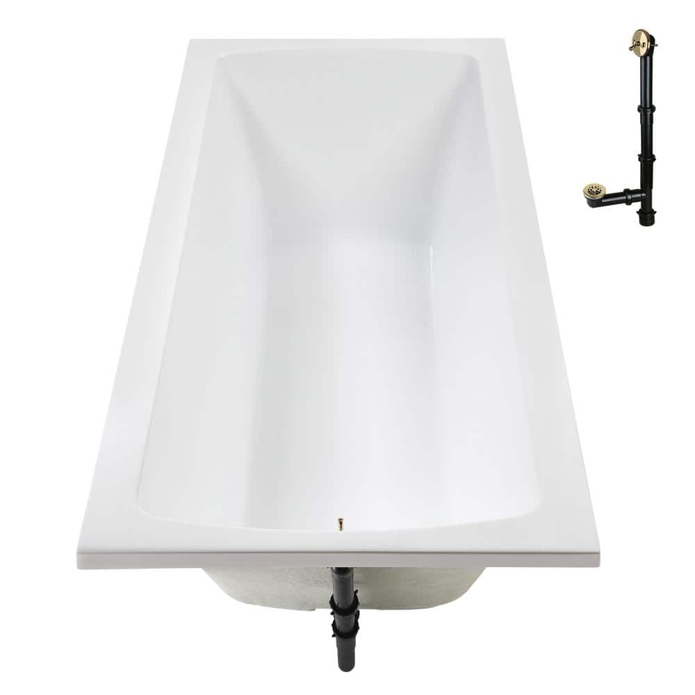 66" x 34" Glossy White Acrylic Soaking Drop-In Bathtub with Polished Brass Drain