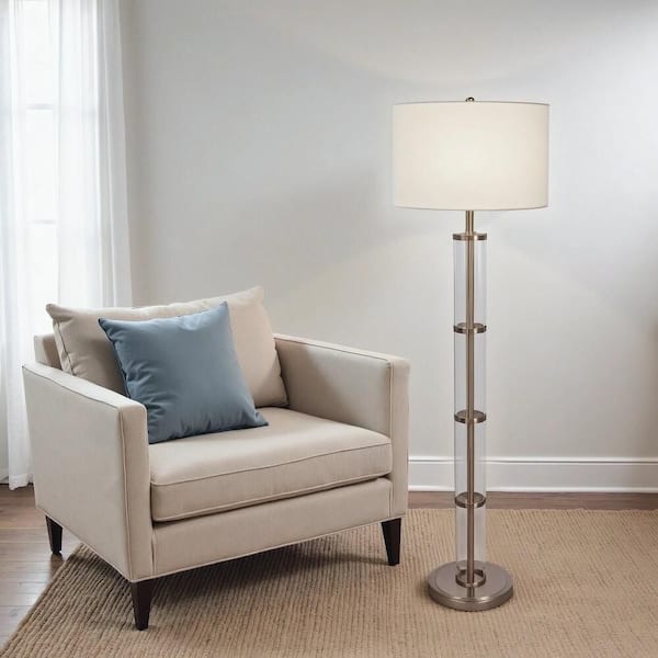 63 in. Silver Contemporary 1-Light Smart 3-Way Standard Floor Lamp for Living Room with Linen Drum Shade