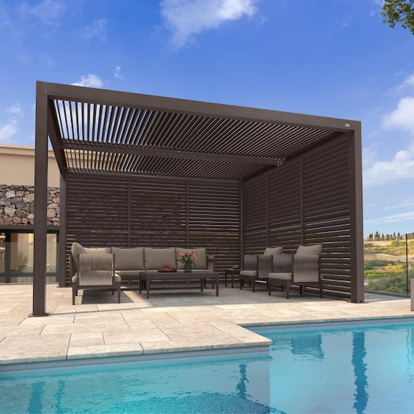 PURPLE LEAF 11 ft. x 13 ft. Bronze Aluminum Louvered Pergola with 2 Individual Sunshade Roofs and 1-Long 1-Short Side Shutter Wall