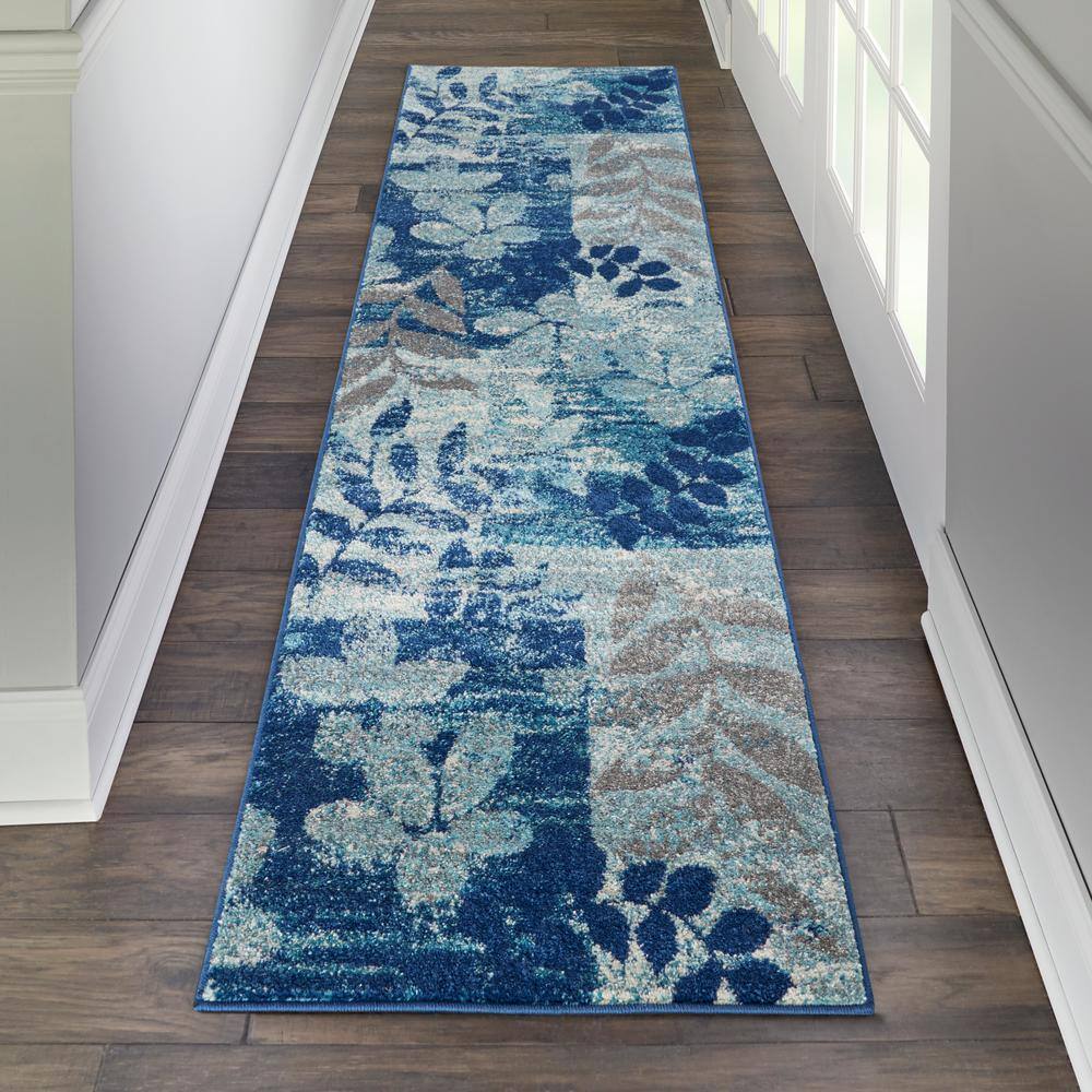 Navy and Light Blue Floral Synthetic Runner Rug
