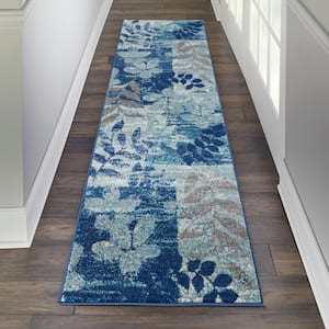 Tranquil Navy/Light Blue 2 ft. x 7 ft. Floral Contemporary Kitchen Runner Area Rug
