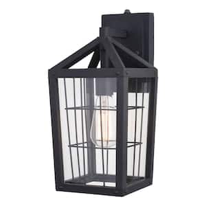 Gage 7-in Volcanic Black Outdoor Farmhouse Wire Cage Wall Lantern, Dusk to Dawn 1-Light Wall Lamp Sconce
