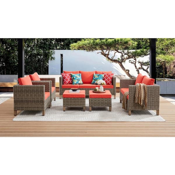 Summax 6-Piece Wicker Patio Conversation Set with Orange Cushions