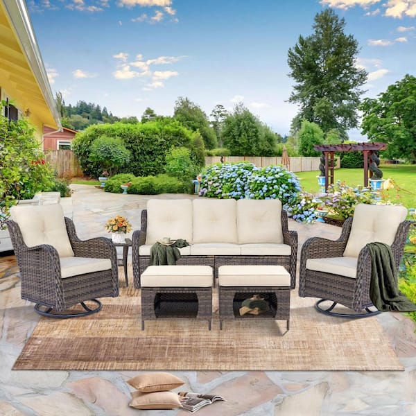 Brown 9-Piece Wicker Patio Conversation Set Sofa Seating Swivel Chairs with Ottomans with Beige Cushions and Covers