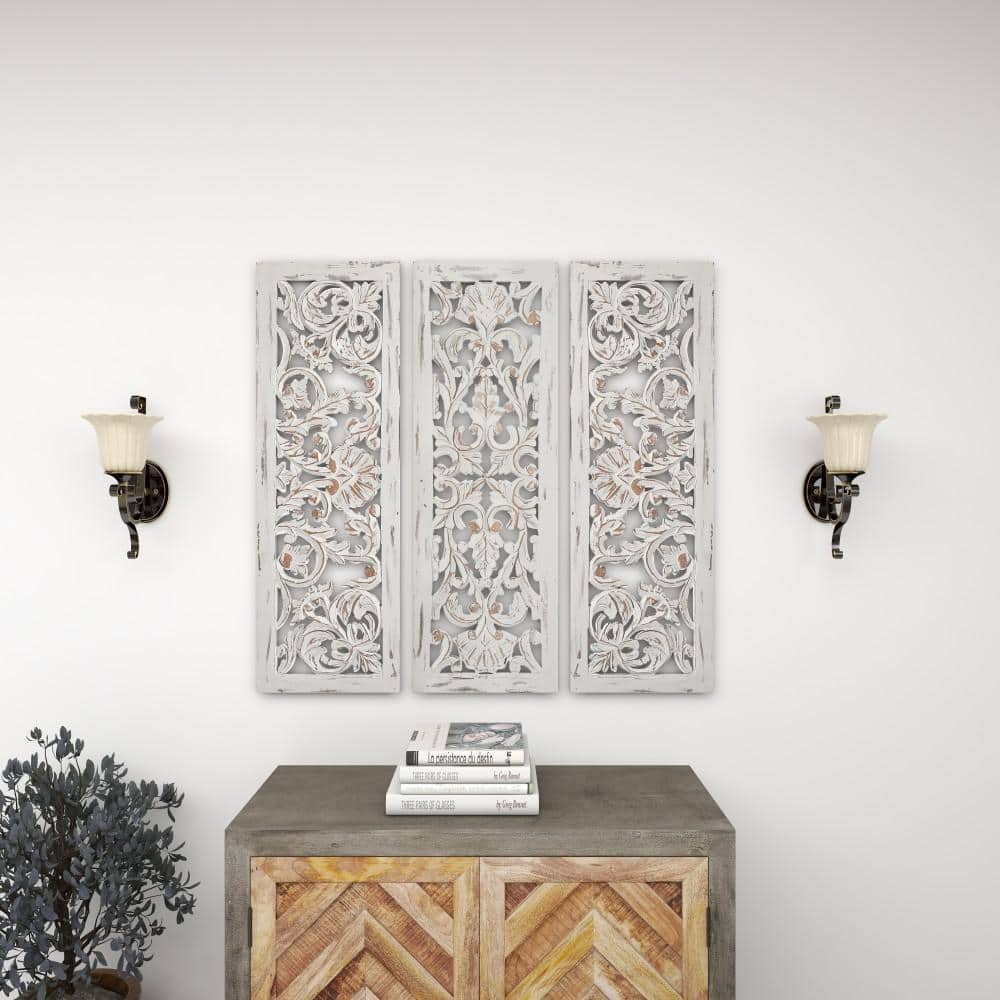 White Distressed Wood Carved Floral Wall Panels Set of 3